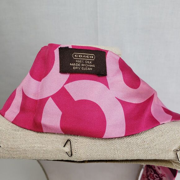 COACH Breast Cancer Awareness Slim Scarf Signature Logo Pink Red Silk Reversible - Picture 12 of 16